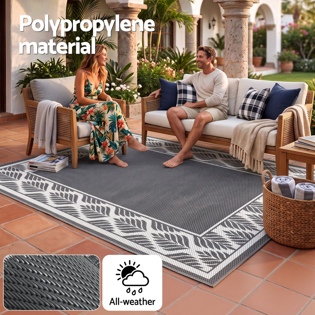 Gardeon Outdoor Rugs 274x366cm Large Carpet Reversible PP Dual-Sided Area Mat Patio Rug Grey