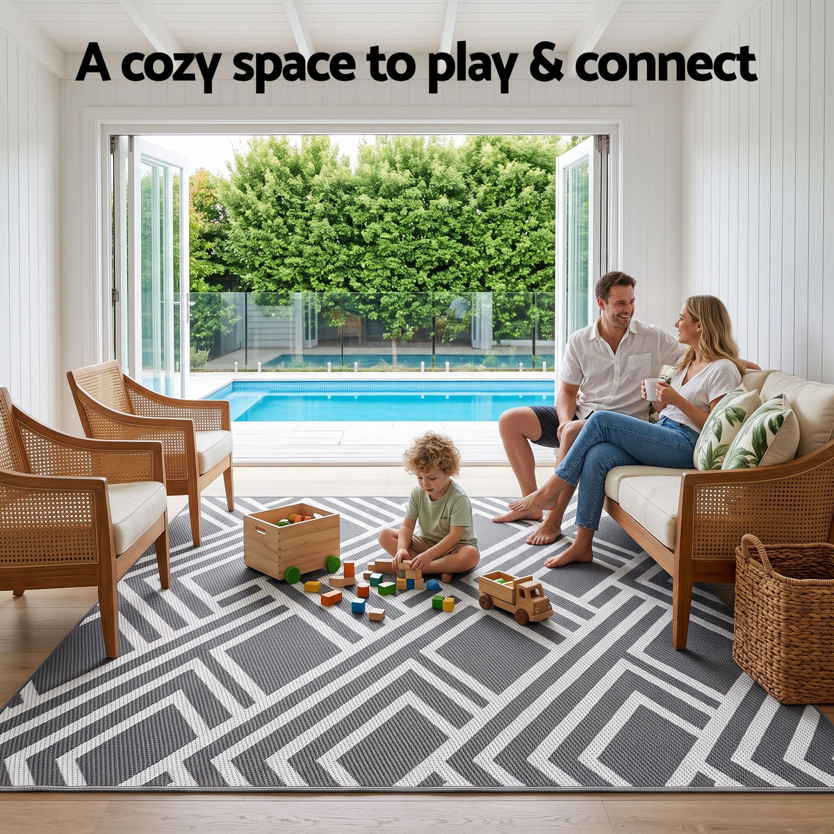 Gardeon Outdoor Rugs 274x366cm Reversible PP Dual-Sided Area Mat Large Carpet Patio Rug Grey