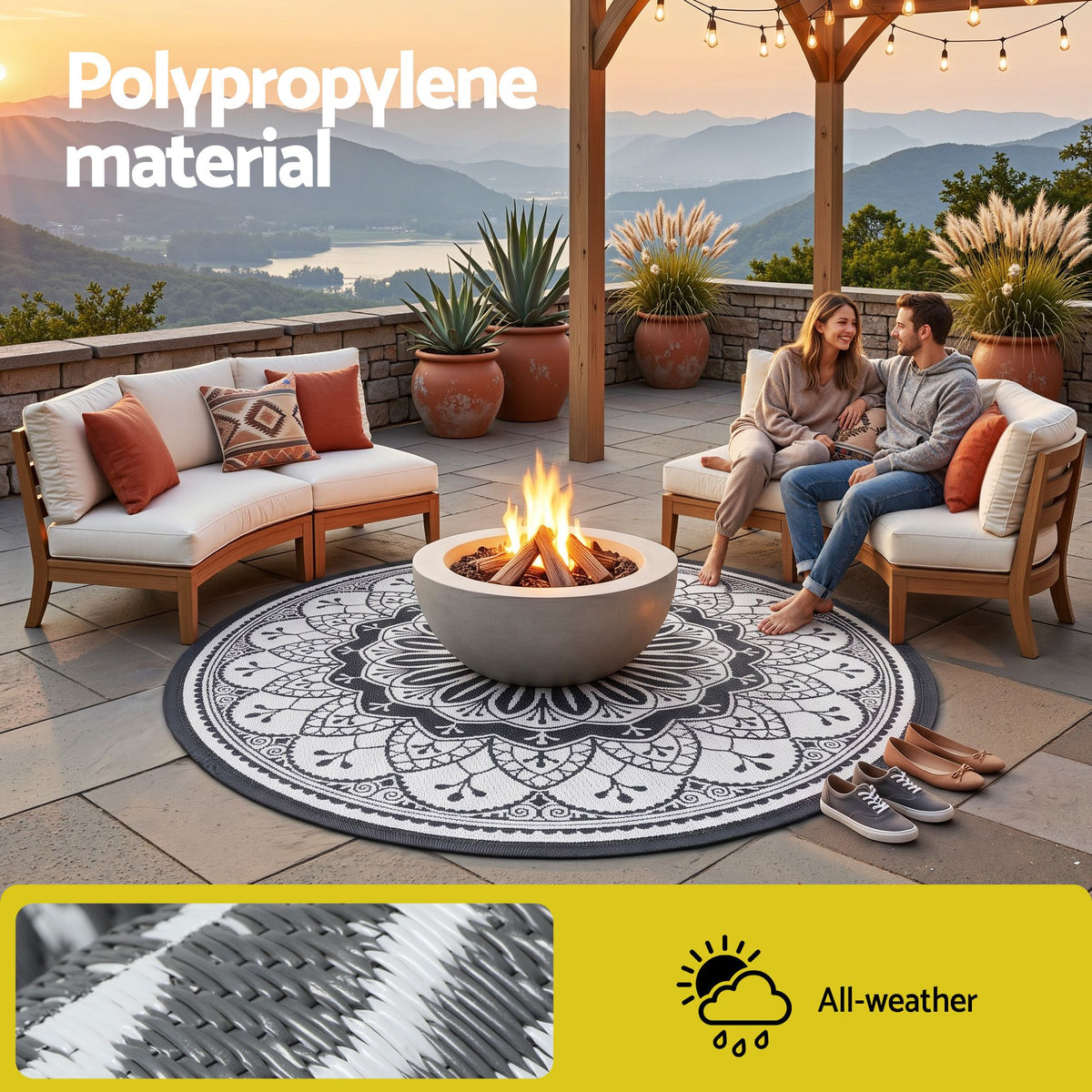 Gardeon 180CM Outdoor Rug Reversible Carpet PP Area Mat Patio Rugs Round Grey