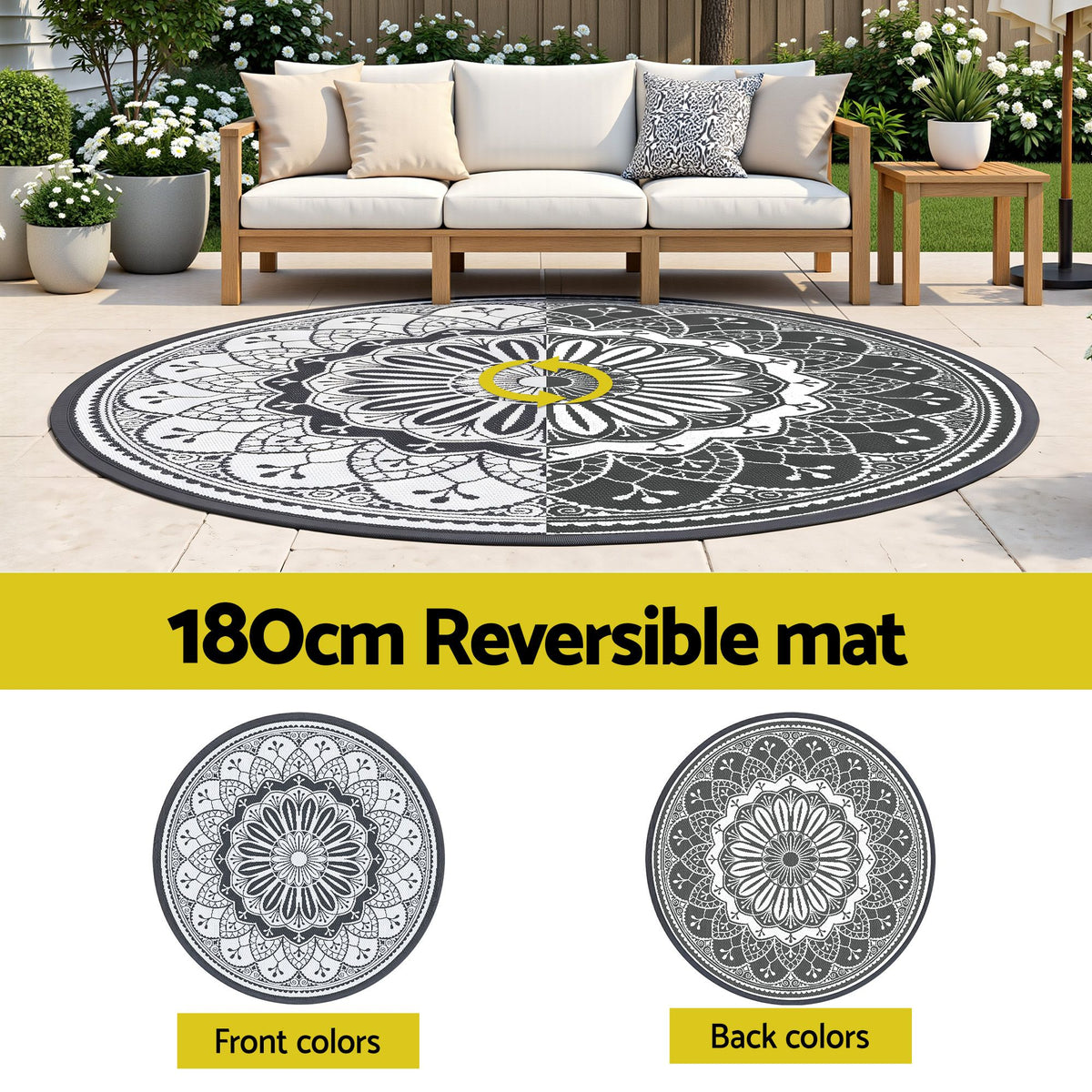 Gardeon 180CM Outdoor Rug Reversible Carpet PP Area Mat Patio Rugs Round Grey
