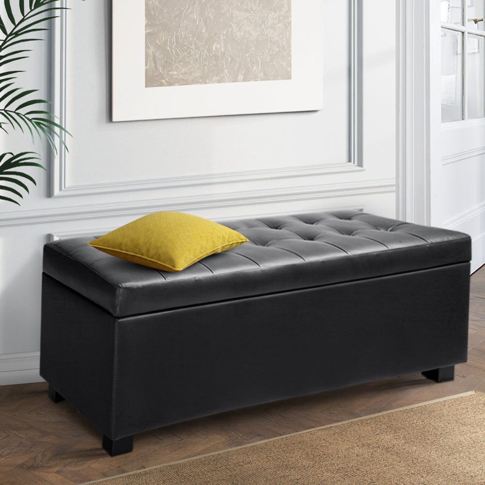 Storage Ottoman Blanket Box Leather Black