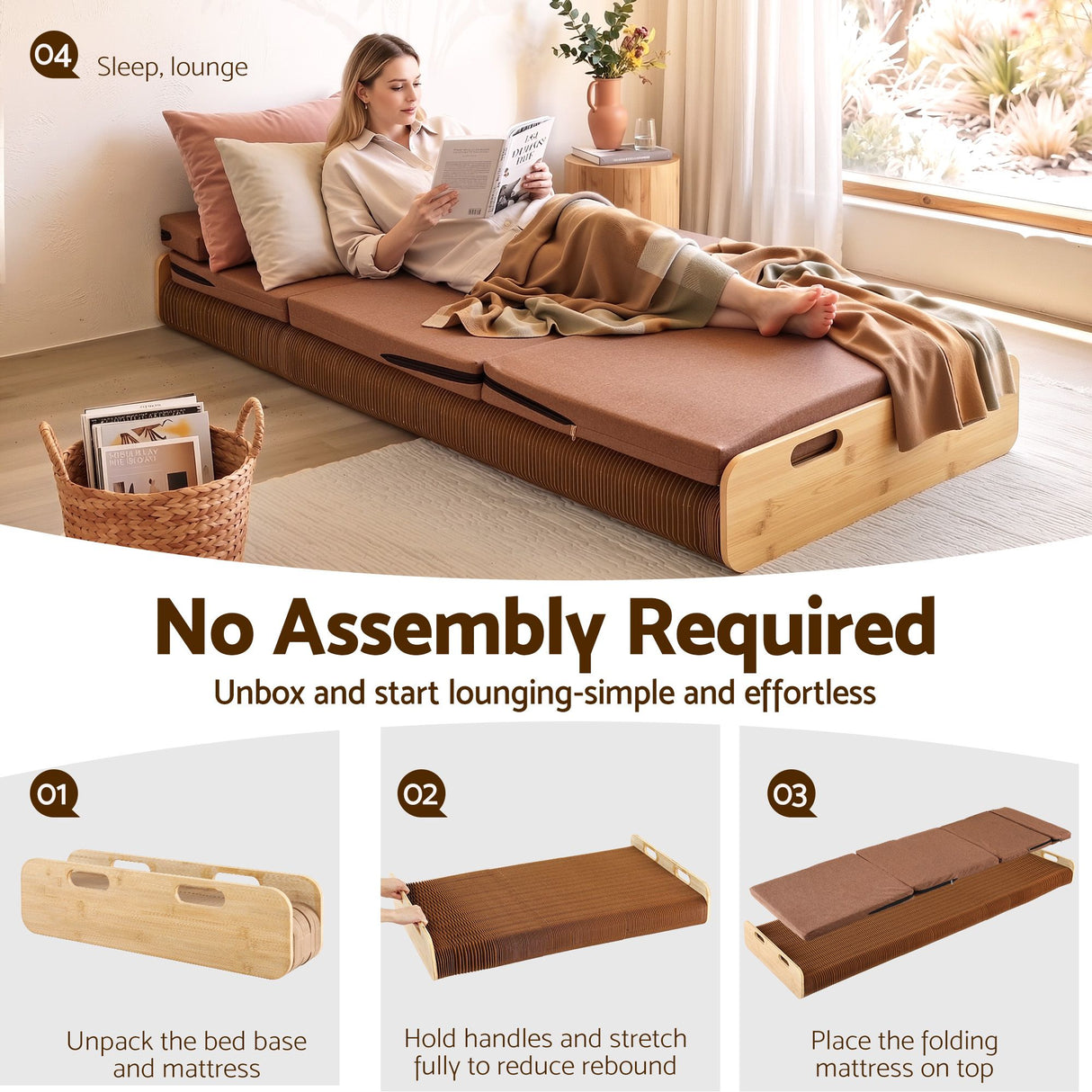 Artiss Folding Kraft Paper Bed Frame with Mattress and Pillow 300kg Capacity 200x60cm