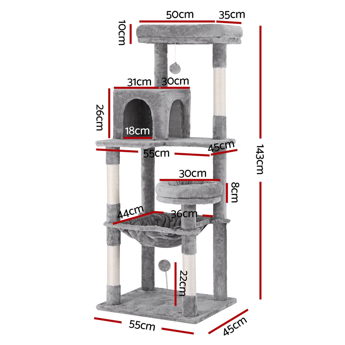 i.Pet Cat Tree 143cm Tower Scratching Post Trees Scratcher Condo House Grey