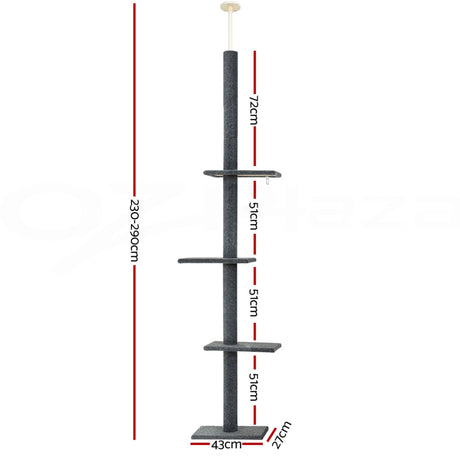 i.Pet Cat Tree 290cm Tower Scratching Post Scratcher Floor to Ceiling Cats Bed Grey