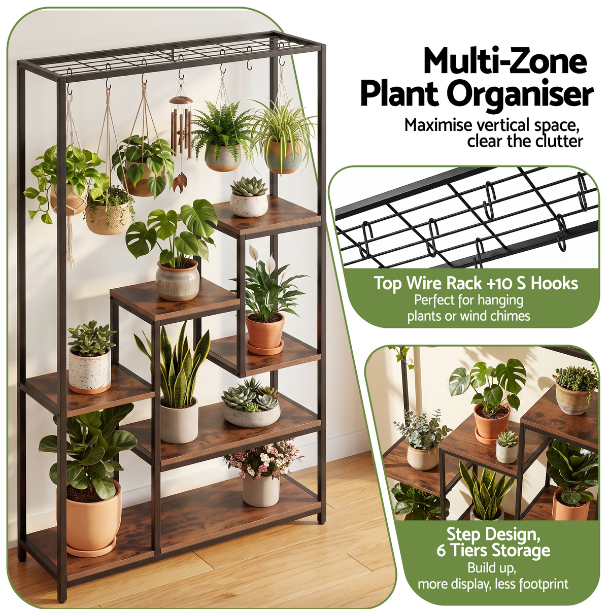 Artiss Tall Plant Stand Indoor, 6-Tier Pot Plant Shelf with Hanging Hooks, Metal & Wooden Flower Holder, Large Tiered Display Rack for Patio Garden Balcony Living Room, Indoor Outdoor Use