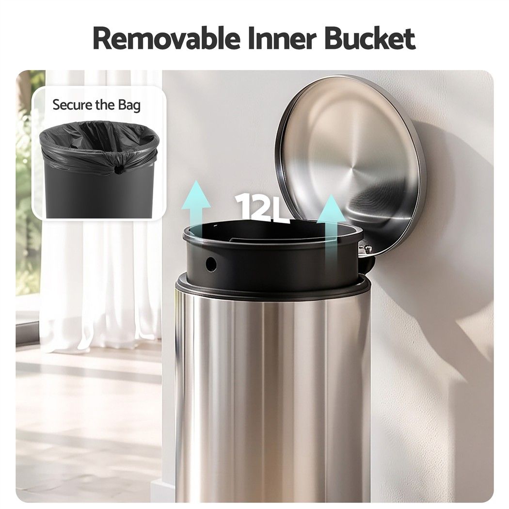 Cefito 12L Pedal Bin Rubbish Waste Bin Soft Close Lid Kitchen Bathroom Silver