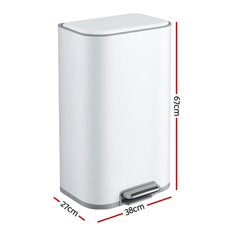 Cefito Kitchen Trash Can 40L Pedal Bins Rubbish Bin Steel with Soft Close Lid, Removable Inner Bucket, Rectangular Garbage Can Recycling Bin, White