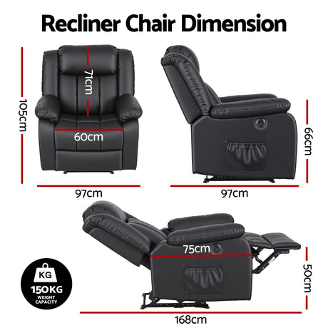 Artiss Manual Massage Recliner Chair for Living Room, Leather Sofa Lounge Reclining Chair with 2 USB Port, 160° Recline Reading Chair with 20CM Wide Armrests, 8 Point Vibration & Lumbar Heat, Black