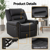 Artiss Leather Manual Recliner Chair with USB Charge Port, Overstuffed Armchair Sofa for Living Room and Nursery, Asjustable Theater Reclining Lounge with Comfortable Wide Seat, 150kg Capacity, Black