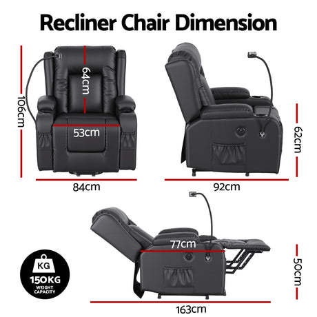 Artiss Power Lift Recliner Chair with Massage and Heat for Elderly, Electric Sofa Reclining Chair with USB and Phone Holder, PU Leather Comfy Armchair for Living Room, 2 Cup Holder & 4 Pockets, Black