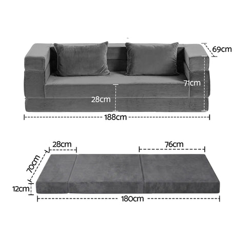 Artiss 3-in-1 Convertible Sofa Bed with Folding Mattress Velvet Foam Chair 300KG