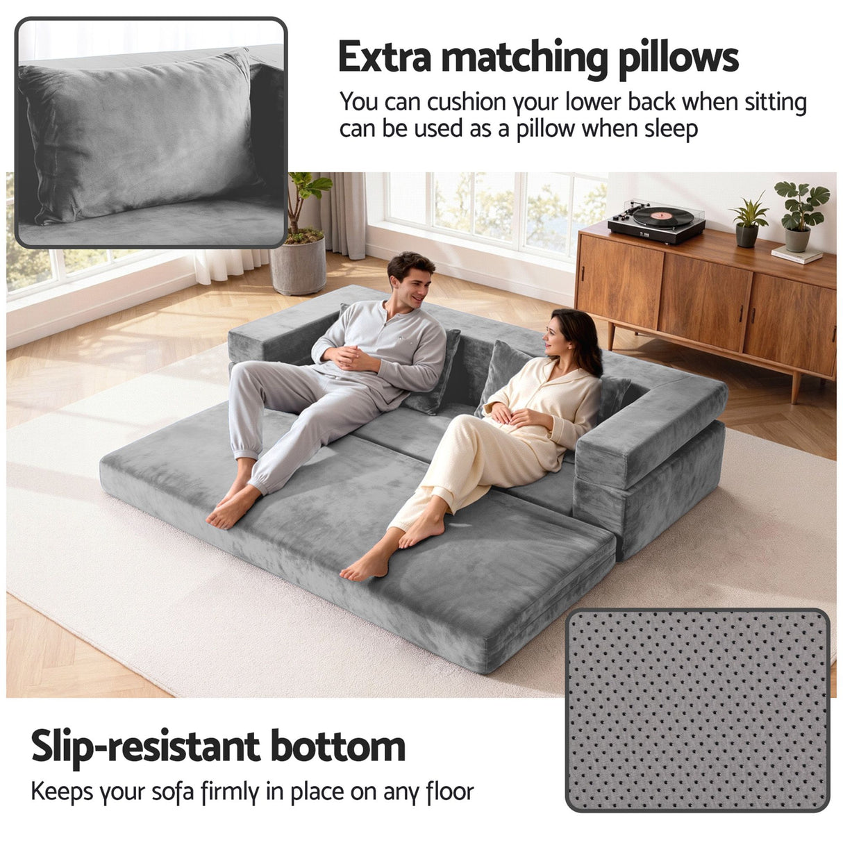 Artiss 3-in-1 Convertible Sofa Bed with Folding Mattress Velvet Foam Chair 300KG