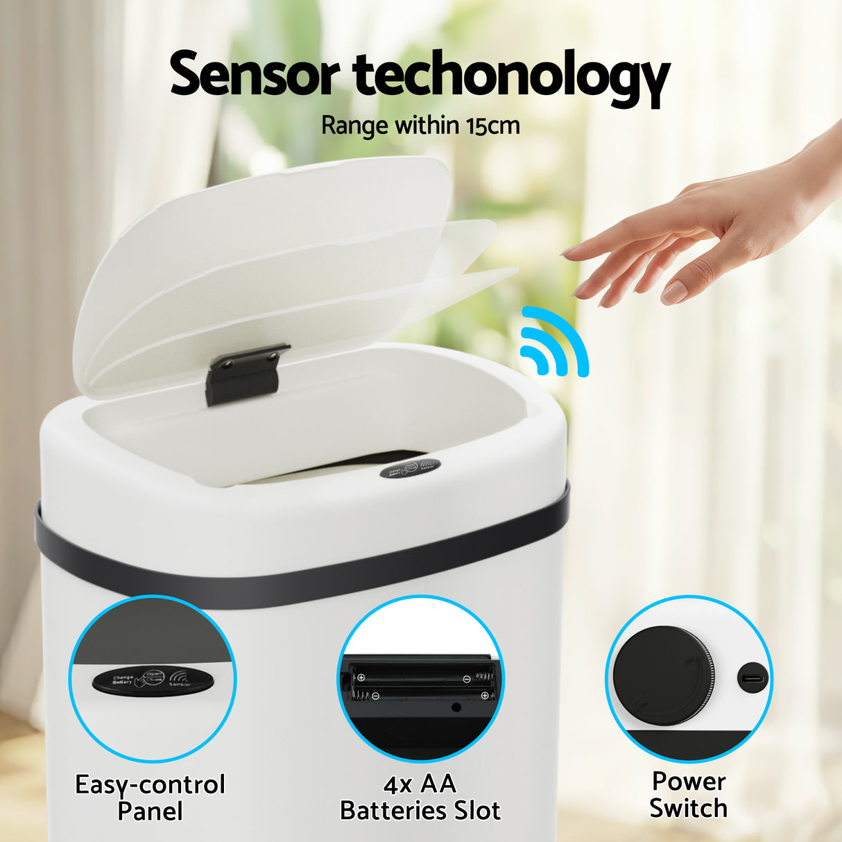 Ember 50L Sensor Bin Motion Rubbish Automatic White