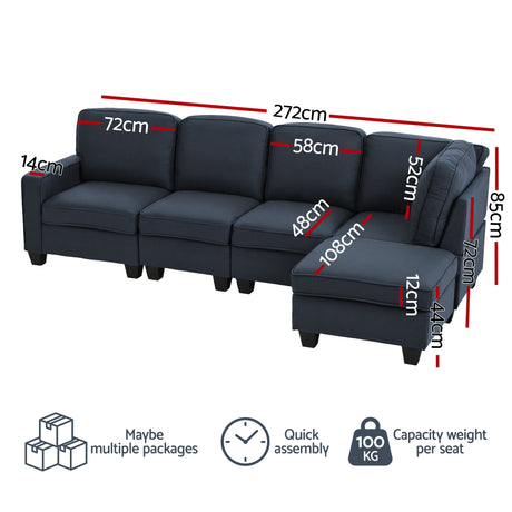 Artiss Modular Sofa Chaise Set 5-seater Dark Grey