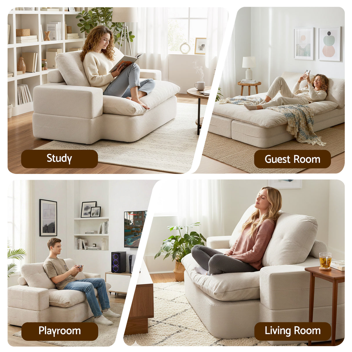 Artiss Convertible Folding Sofa Bed 30D High-Density Foam Boneless Couch with Corduroy Sleeper Couch Lounger for Living Room Beign