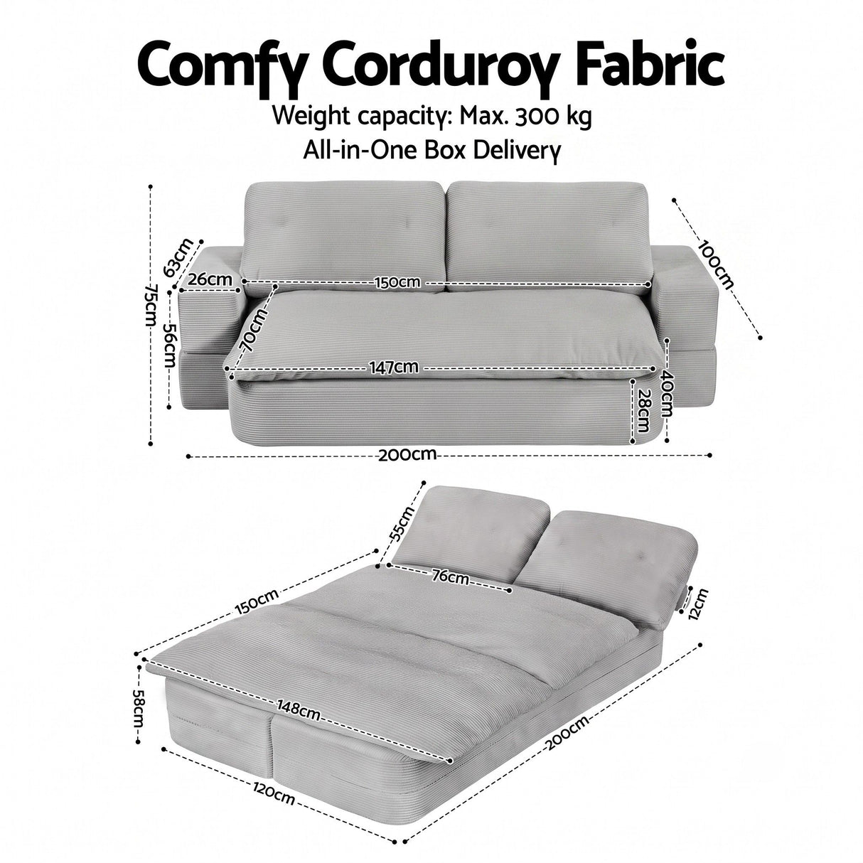 Convertible Folding Sofa Bed in Corduroy Grey