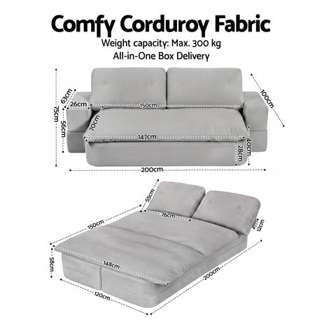 Convertible Folding Sofa Bed in Corduroy Grey