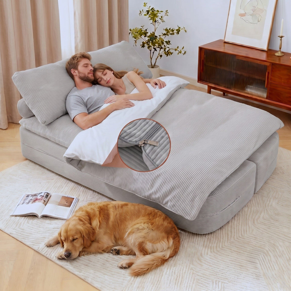 Convertible Folding Sofa Bed in Corduroy Grey