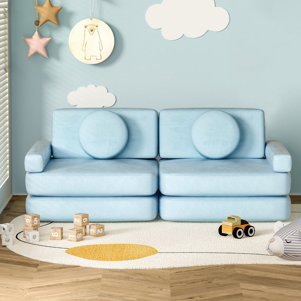Kids Sofa Bed 160CM PLAY Couch Velvet Blue