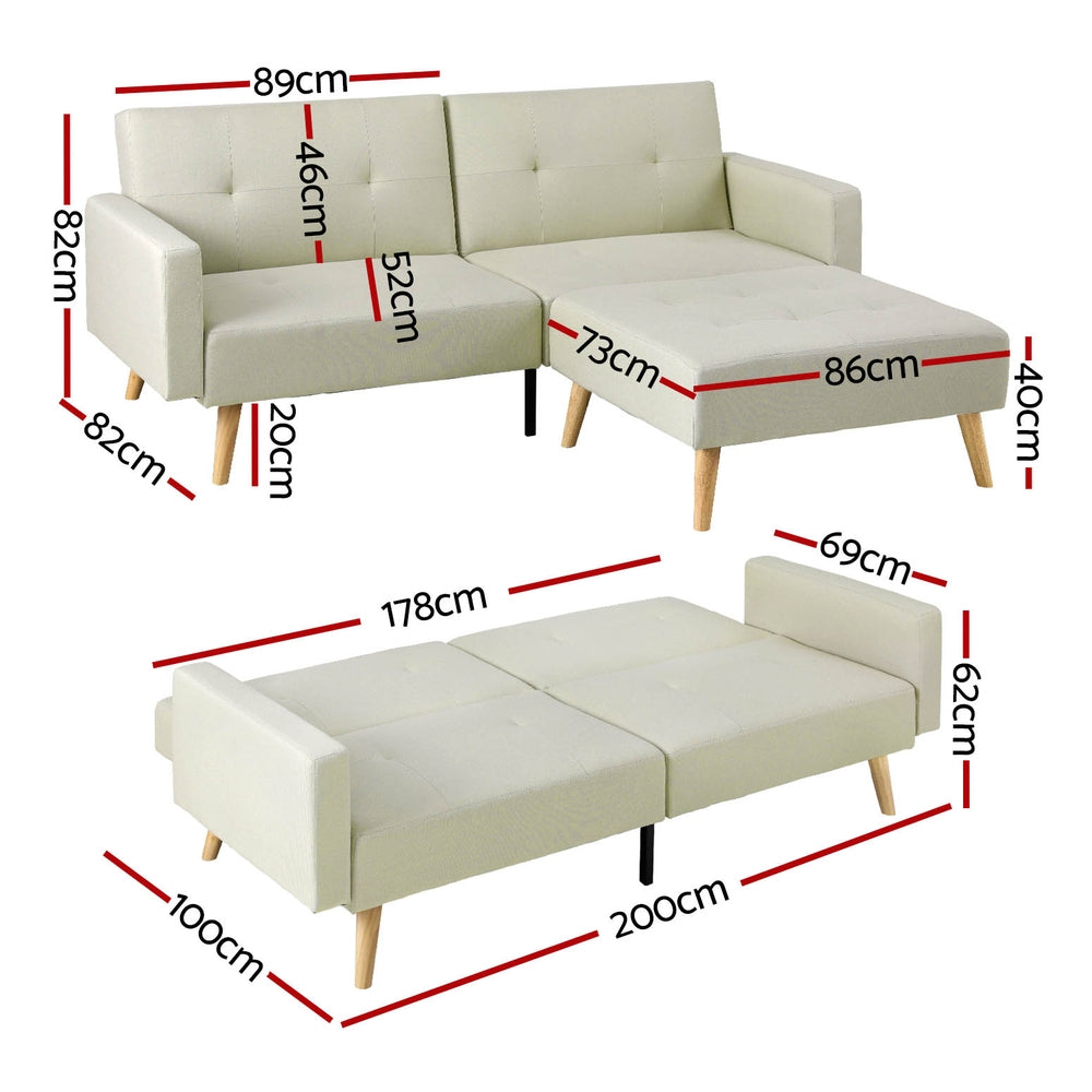 Scott Sofa Bed Ottoman 200CM Beige Faux Linen