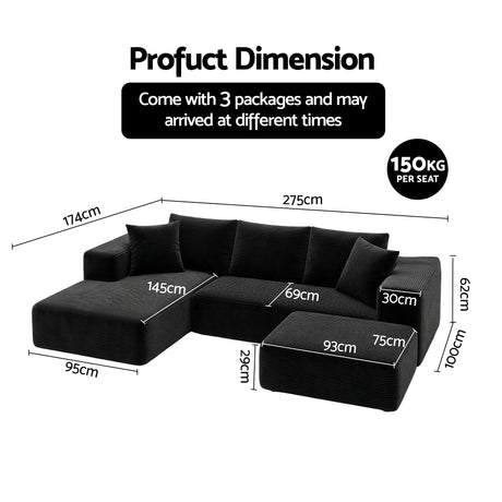 Artiss Modular Sofa Bed with Ottoman Sectional Boneless Couches for Living Room Corduroy Compressed Sofa Black