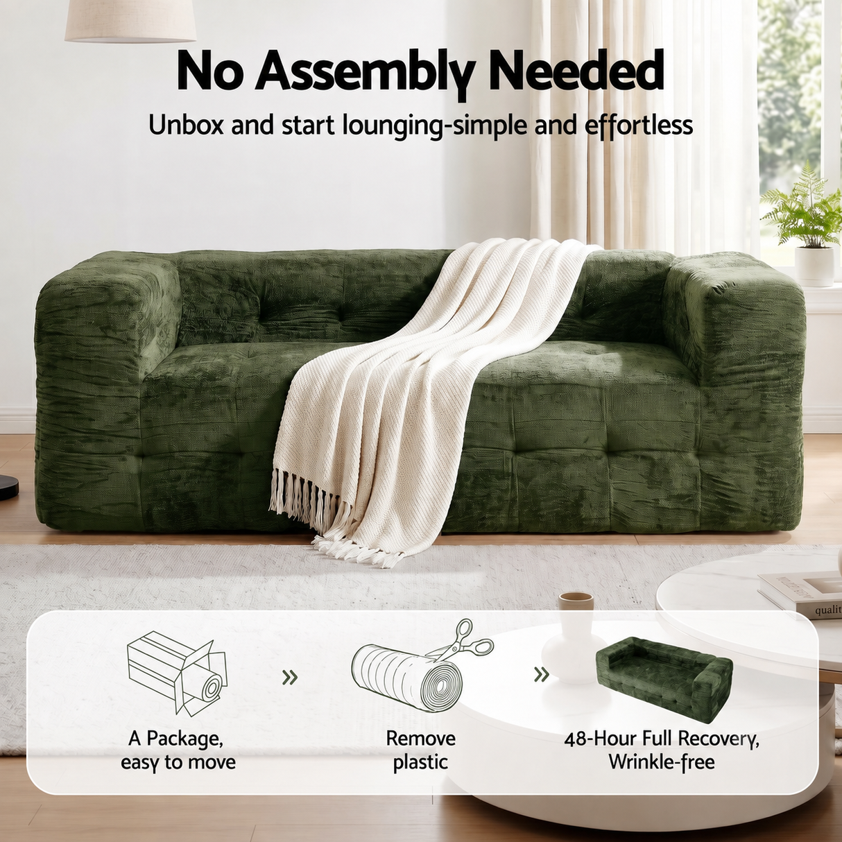 Artiss Comfort Boneless Sofa for Living Room Green Luxury Chenille