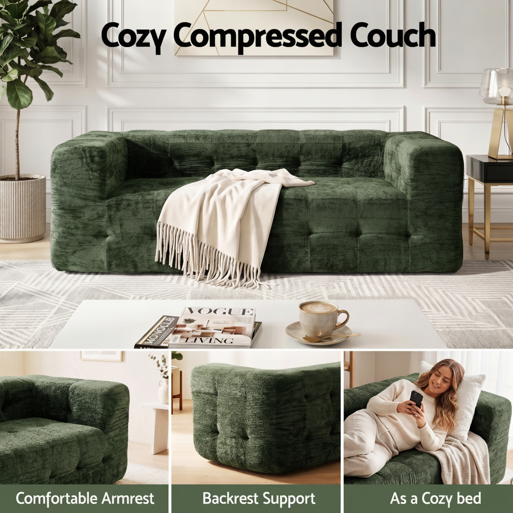 Artiss Comfort Boneless Sofa for Living Room Green Luxury Chenille