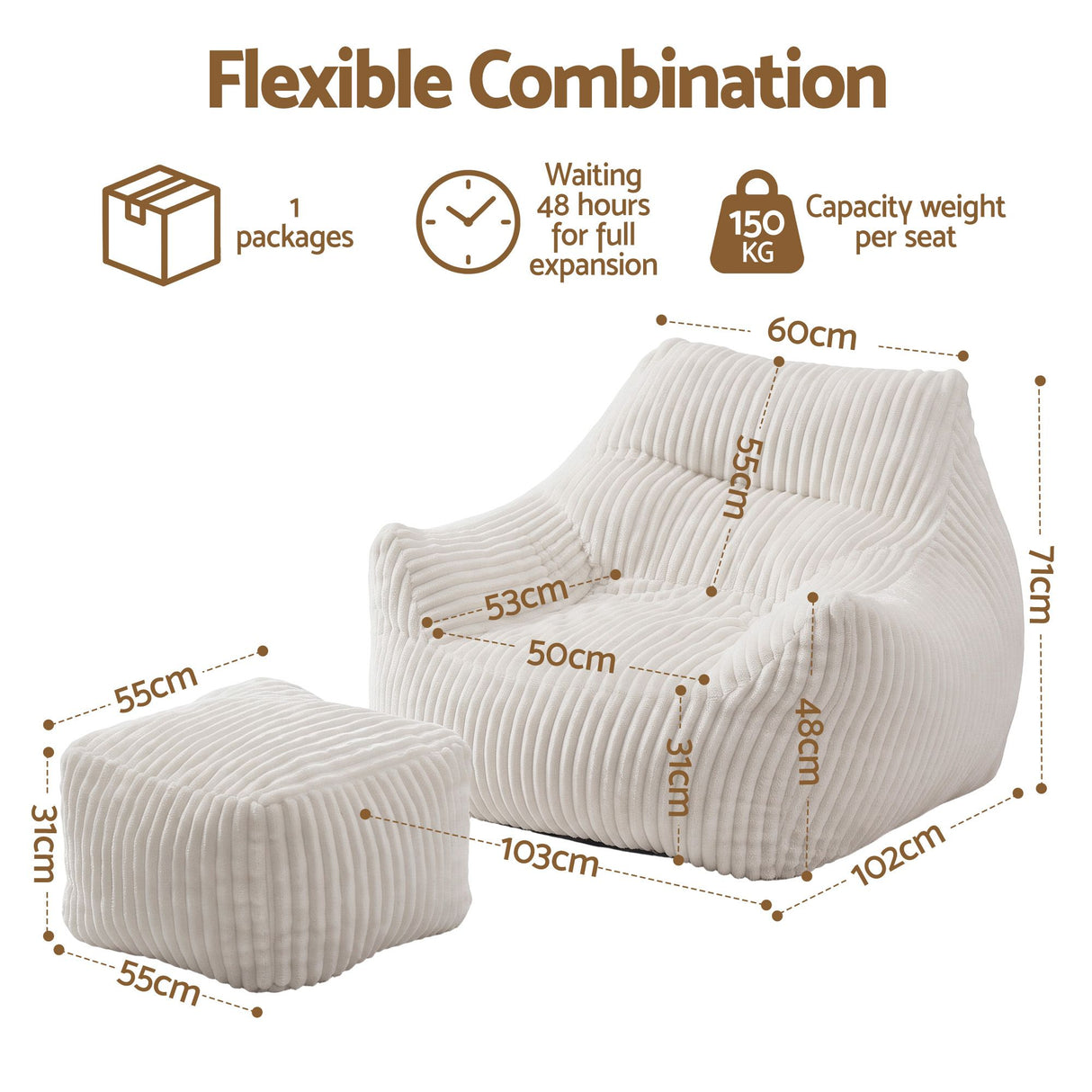 Artiss Bean Bag Sofa w/Ottoman Corduroy for Adults Teens White