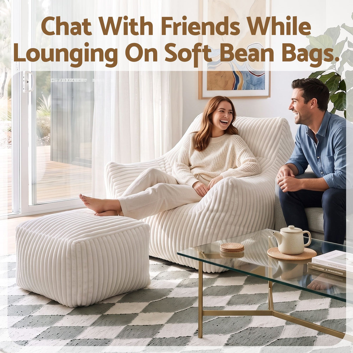 Artiss Bean Bag Sofa w/Ottoman Corduroy for Adults Teens White