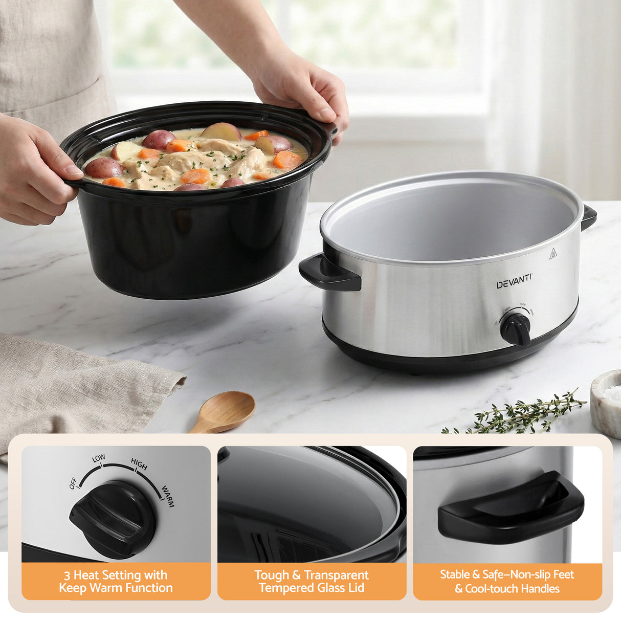 Devanti 6.5L Slow Cooker Electric Multi Cooker with 3 Heat Settings and Keep Warm Function