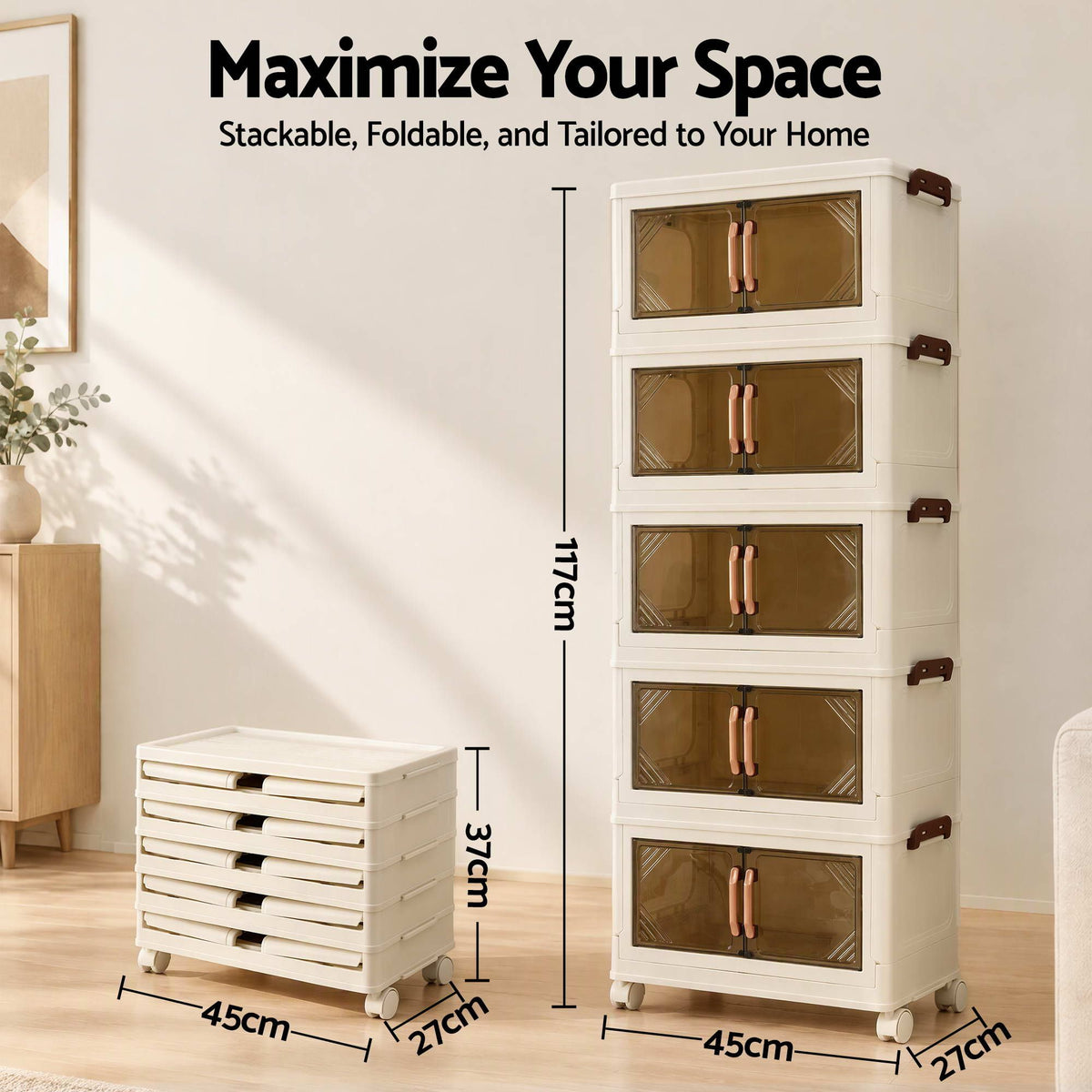 Artiss 5-Tier Foldable Storage Cabinet Stackable Box Clear Magnetic Door White