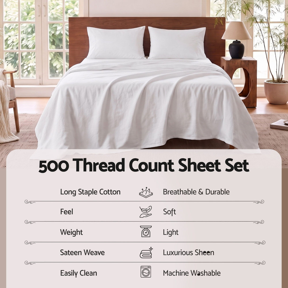 Giselle Queen 500TC Cotton 4Pcs Sheet Set with 40cm Extra Deep Pocket for Thick Mattresses Sateen Weave for Sweaty Nights White