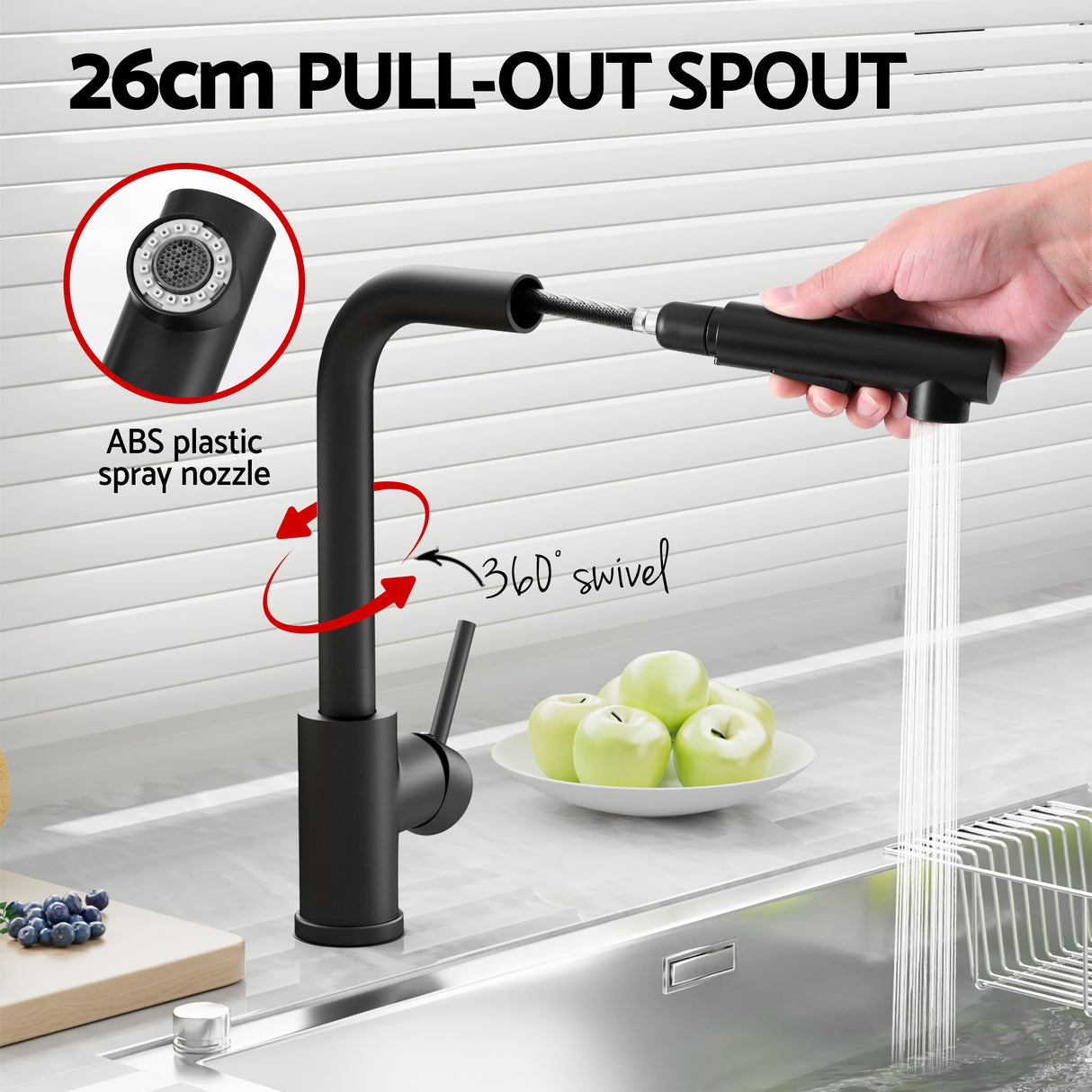 Cefito Stainless Steel Sink 60x45CM With Pull Out Mixer Tap Kitchen Basin Single Bowl Black