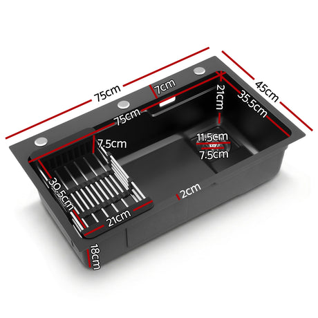 Cefito Stainless Steel Sink 75x45CM With Pull Out Mixer Tap Kitchen Basin Single Bowl Black