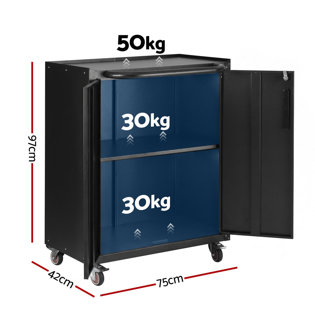 Giantz Rolling Tool Cabinet Heavy-Duty Storage Cabinet Adjustable Shelf Black