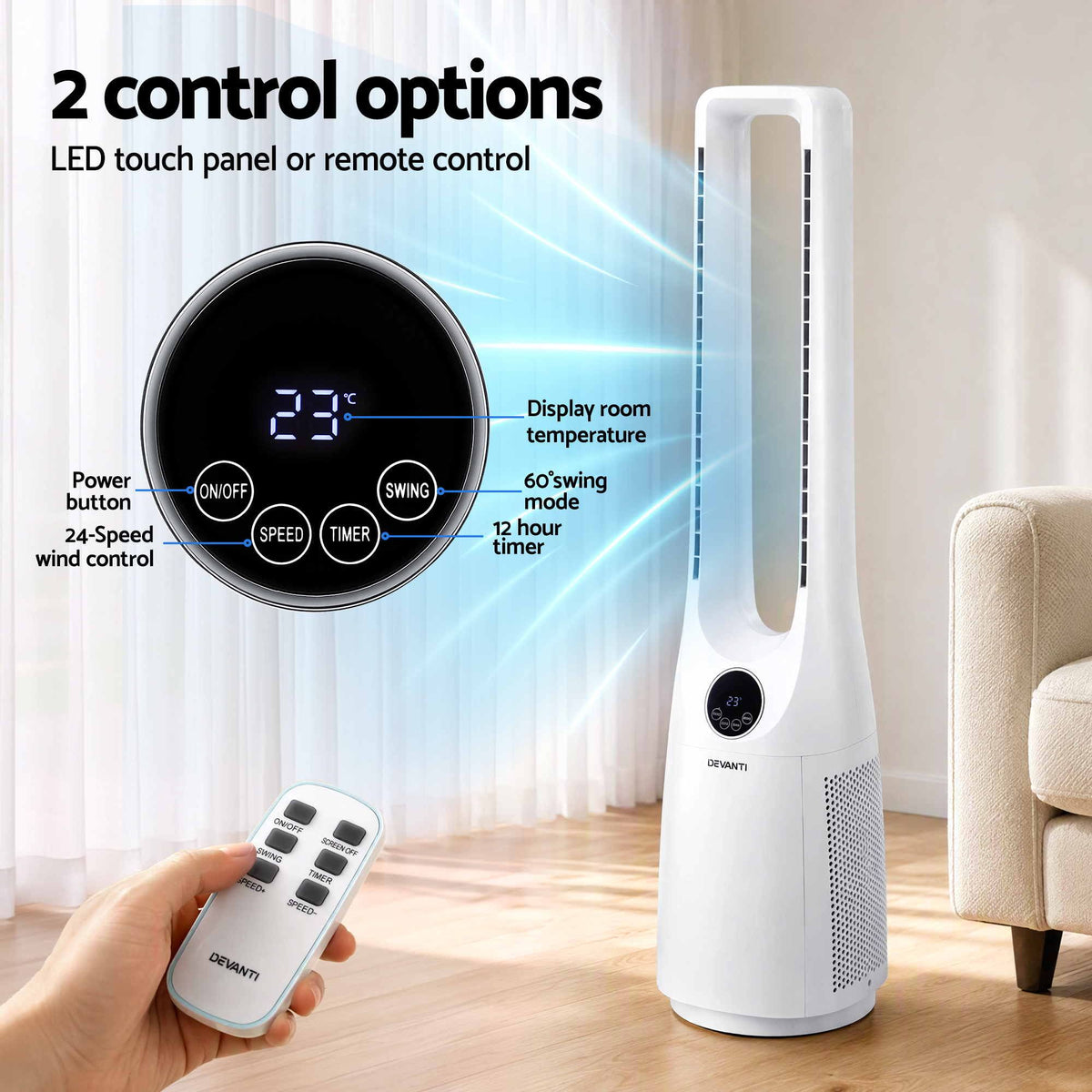 Devanti Bladeless Tower Fan 100cm 2-in-1 Cooling Airflow Purifying Remote
