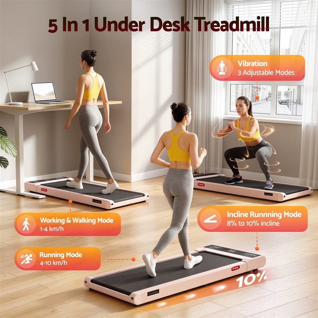 Everfit 5 in 1 Vibration Walking Pad Under Desk Treadmill 10% Incline 400mm Belt Home Gym Pink
