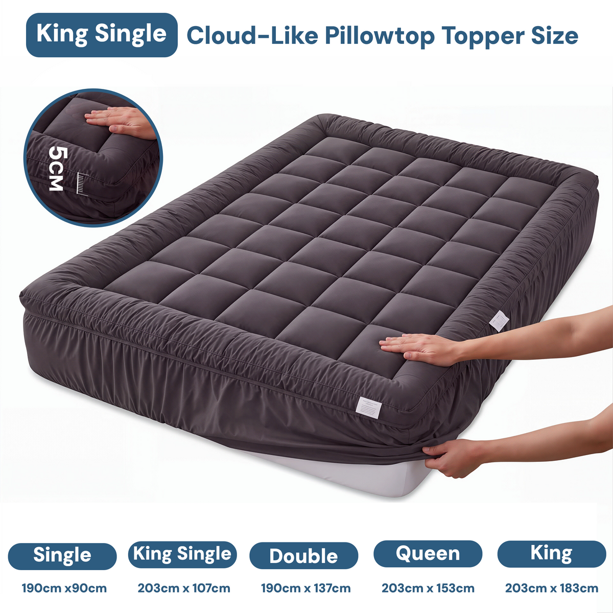 Giselle Bedding Bamboo Charcoal Filling Pillowtop Topper 1000GSM 5cm Thick Pillowtop Pad for Back Pain Relief Washable with 45cm Deep Pocket King Single