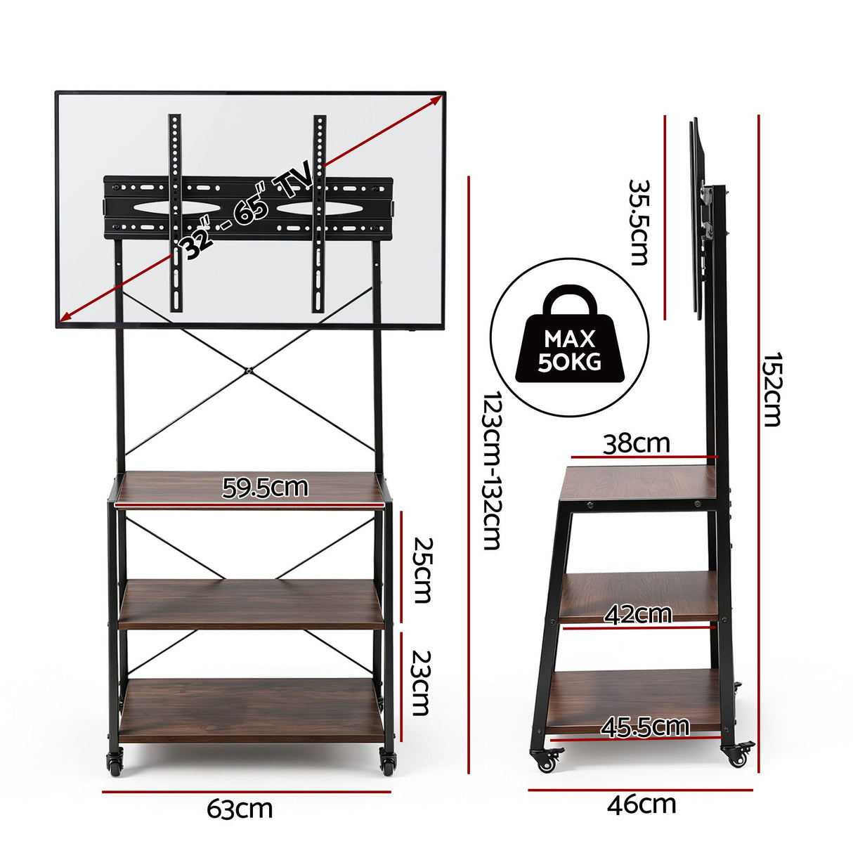 Artiss Mobile TV Stand 32-65 Inch TVs Mount 50kg with 3 MDF Shelves Lockable Wheels Adjustable Feet