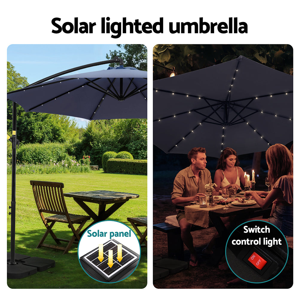 Instahut Outdoor Umbrella 3M Cantilever Beach LED w/Base Garden Shade Patio Navy