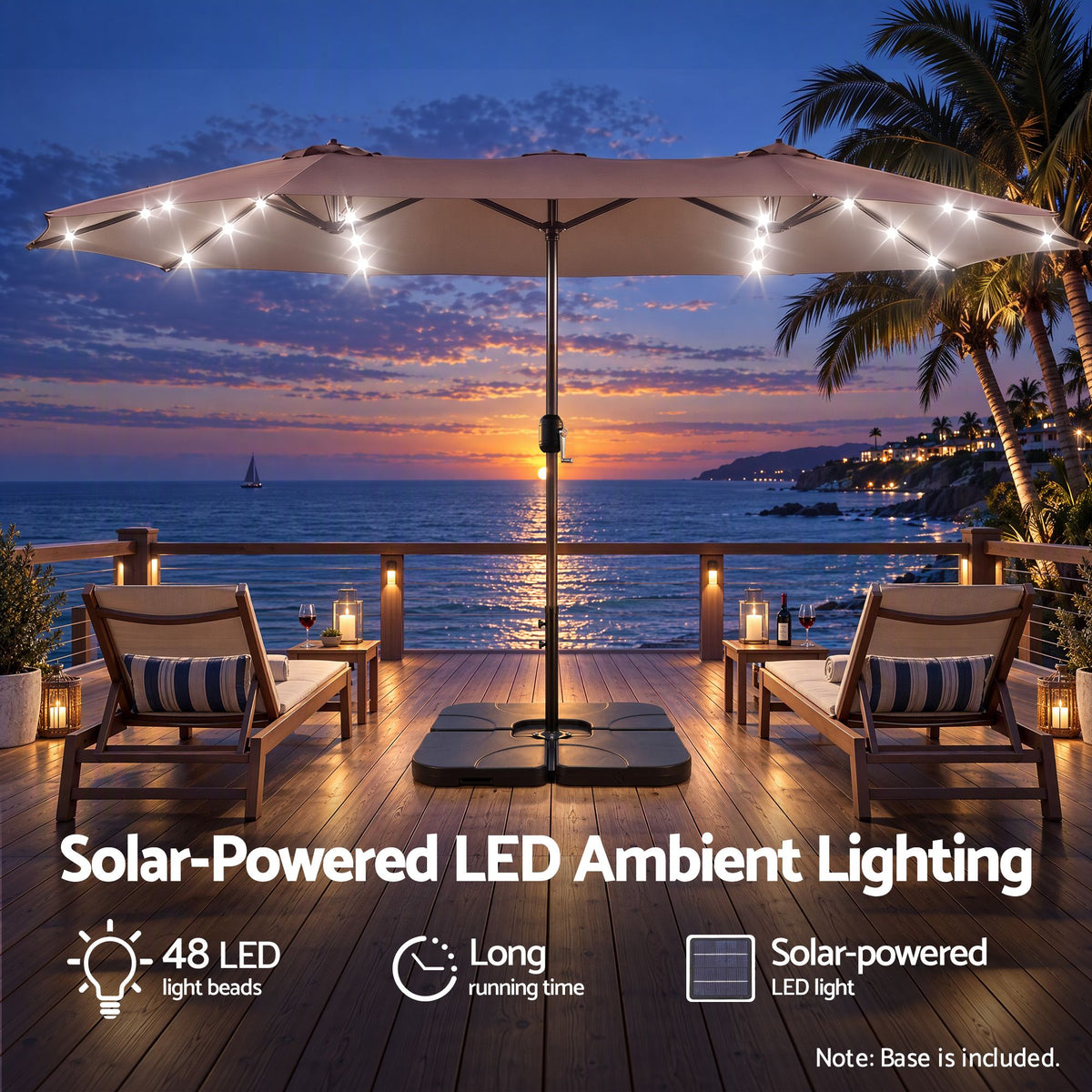 Instahut Outdoor Umbrella w/Base 4.57m Solar 48 LED Double-Sided Patio Parasol Brown