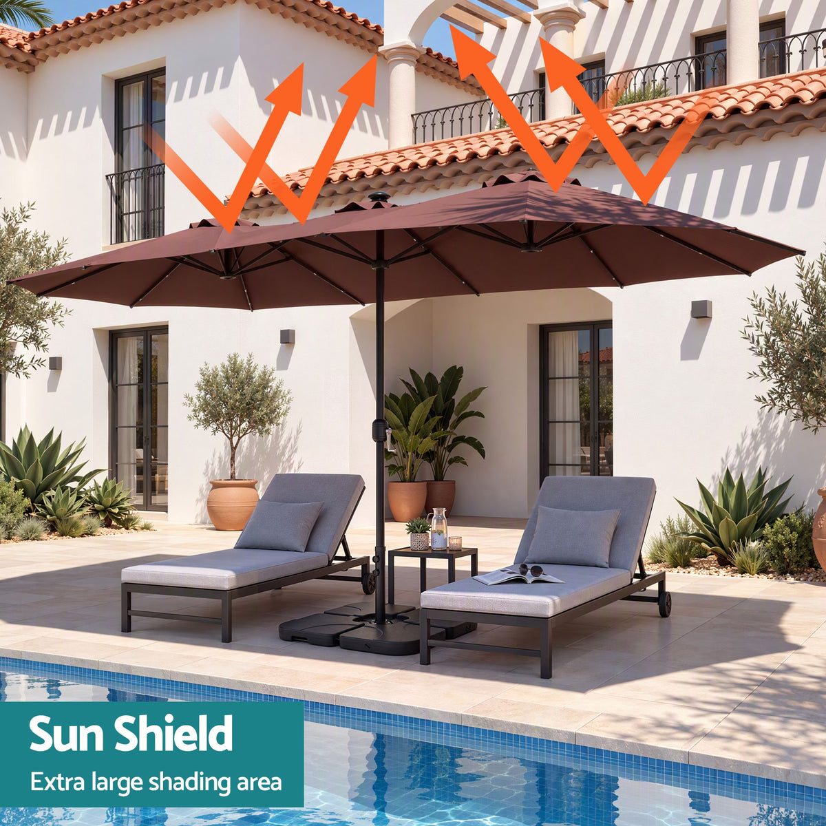 Instahut Outdoor Umbrella w/Base 4.57m Solar 48 LED Double-Sided Patio Parasol Brown