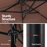 Instahut Outdoor Umbrella w/Base 4.57m Solar 48 LED Double-Sided Patio Parasol Brown