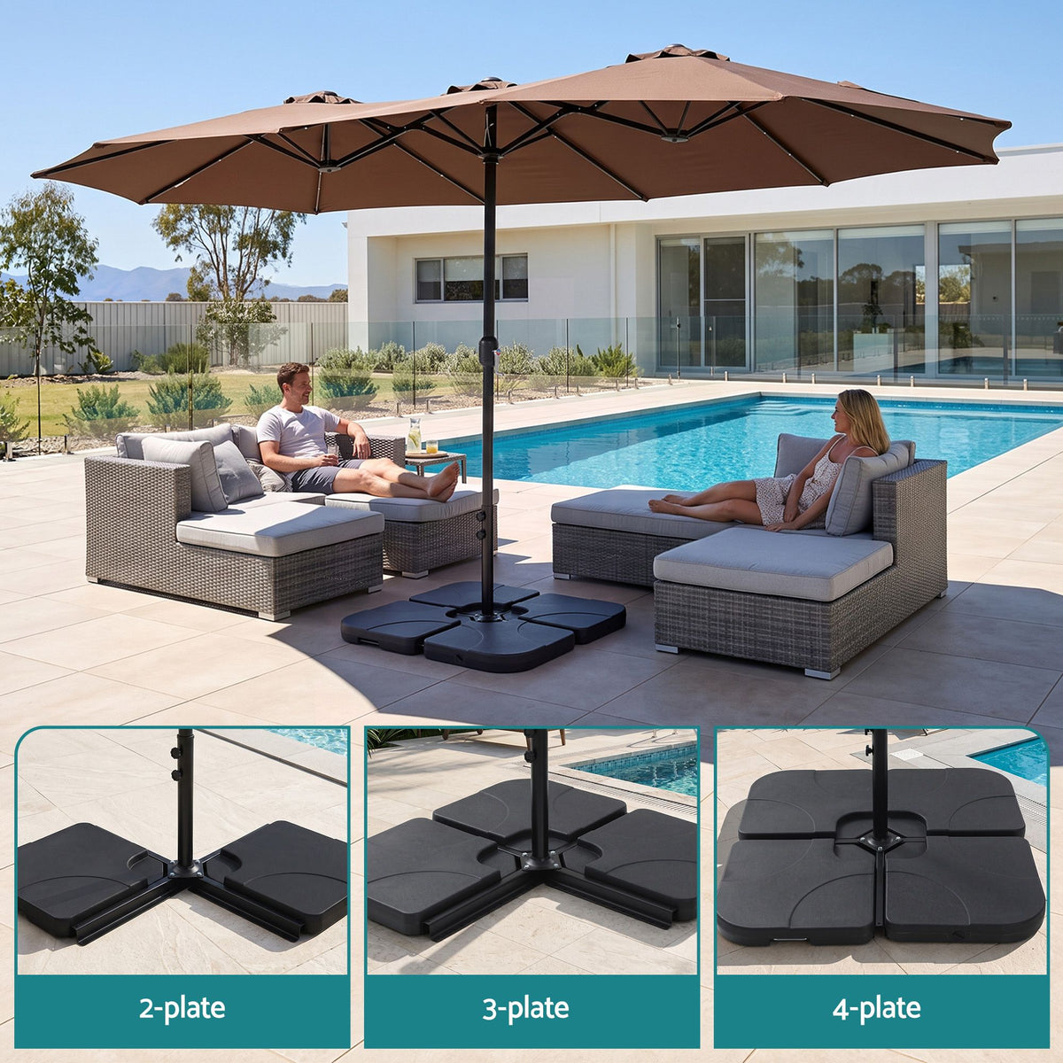 Instahut Outdoor Umbrella w/Base 4.57m Solar 48 LED Double-Sided Patio Parasol Brown