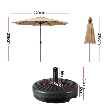 Instahut 2.7m Outdoor Umbrella w/Base Pole Stand Garden Sun Beige