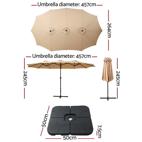 Instahut 4.57m Outdoor Umbrella w/Base Stand Beach Pole Garden Tilt Beige