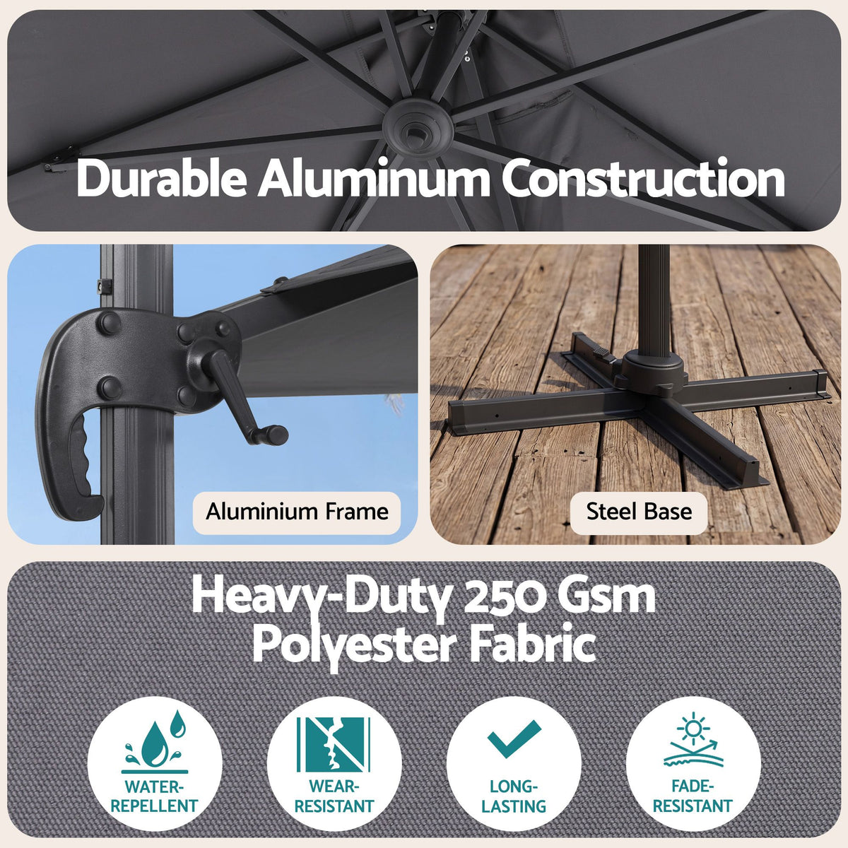 Instahut Outdoor Umbrella w/Base 3m Cantilever Stand Sun Roma 360 Degree Charcoal