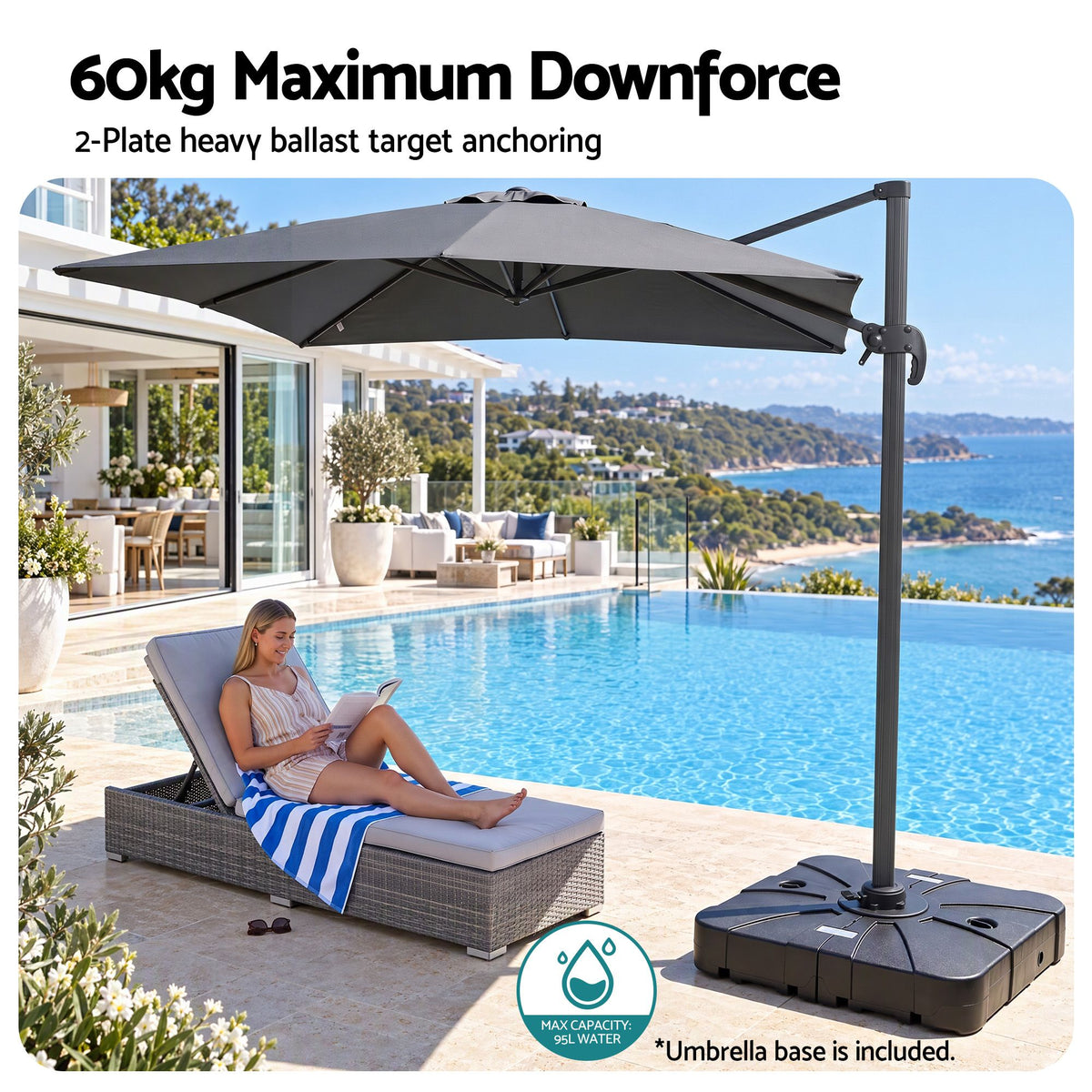 Instahut Outdoor Umbrella w/Base 3m Cantilever Stand Sun Roma 360 Degree Charcoal