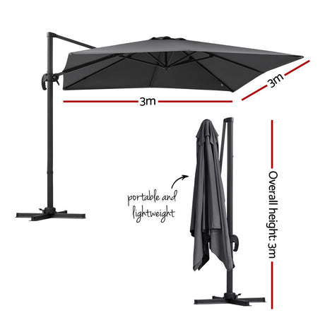 Instahut Outdoor Umbrella 3m Umbrellas Cantilever Stand Sun Roma 360 Degree Charcoal