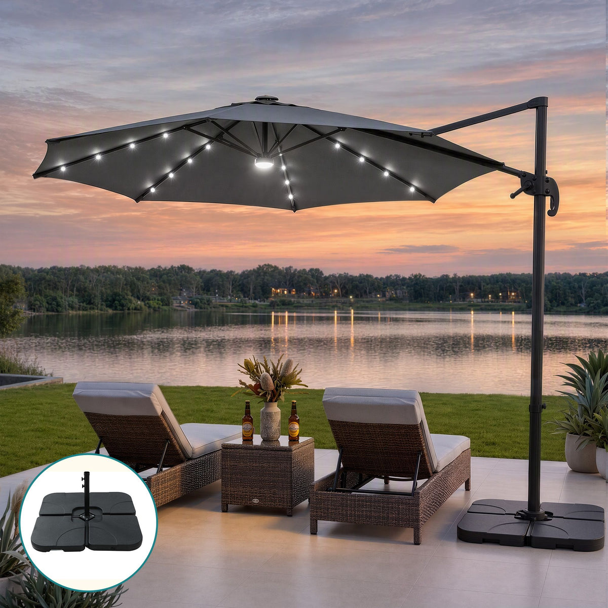 Instahut Outdoor Umbrella w/Base 3m Solar LED Offset Cantilever Patio Parasol Charcoal